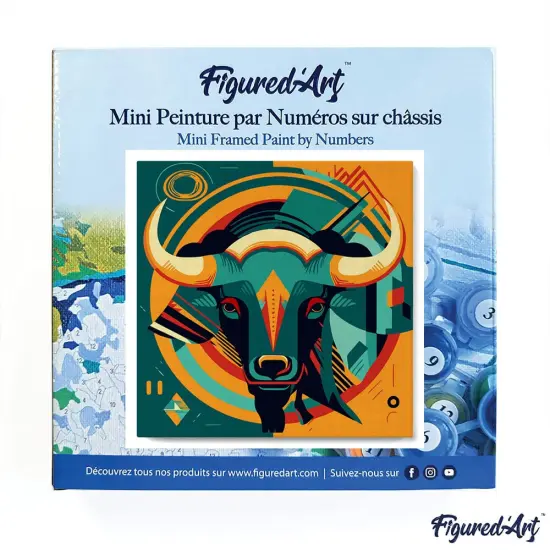 Figured'Art Mini Paint by Numbers Kit for Adults with Frame Bull Art-Deco Inspired Abstract Small format 8"x8" - Craft Art Painting DIY Canvas Already Stretched on a Wooden Frame {3}