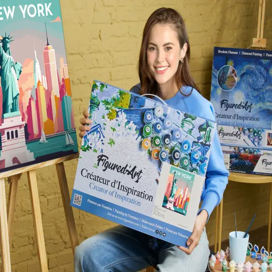Figured'Art Paint by Numbers for Adults with Frame Travel Poster New York 16"x20" - Craft Art Painting DIY Kit Canvas Already Stretched on a Wooden Frame {2}