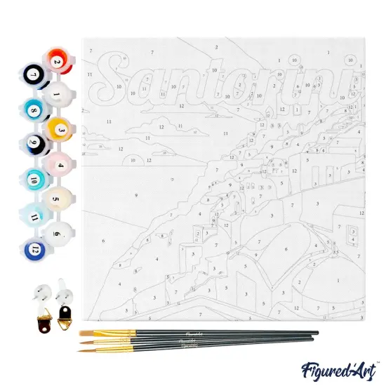 Figured'Art Mini Paint by Numbers Kit for Adults with Frame Travel Poster Santorini Sunset Small format 8"x8" - Craft Art Painting DIY Canvas Already Stretched on a Wooden Frame {4}