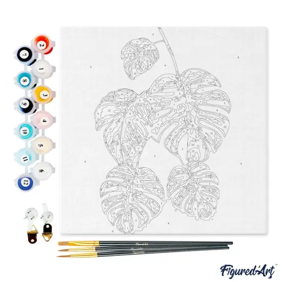 Figured'Art Mini Paint by Numbers Kit for Adults with Frame Monstera Leaves Small format 8"x8" - Craft Art Painting DIY Canvas Already Stretched on a Wooden Frame {4}