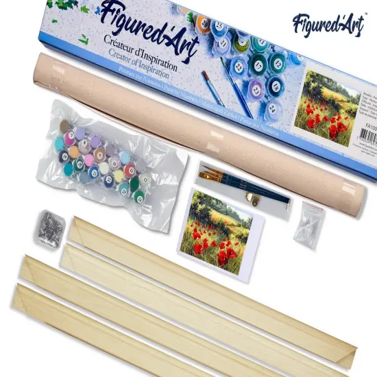 Figured'Art Paint by Numbers Kit for Adults Field of Poppies in the countryside 16"x20" - Craft Art Painting Rolled Canvas with DIY wooden frame {5}