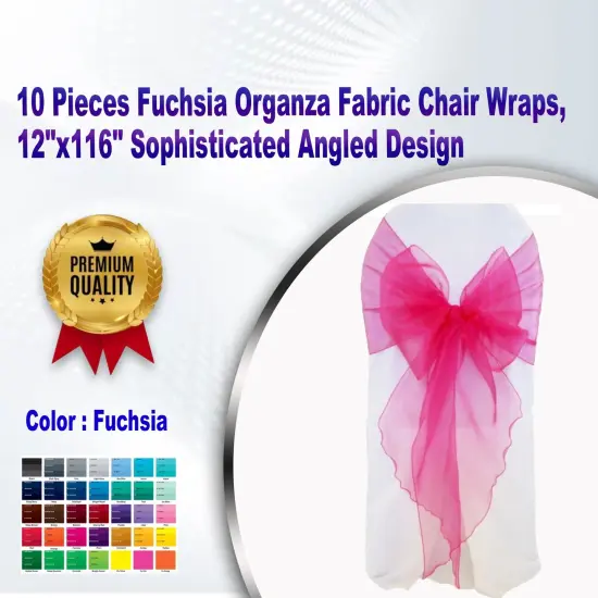 10 Pieces Fuchsia Organza Fabric Chair Wraps, 12"x116" Sophisticated Angled Design {1}