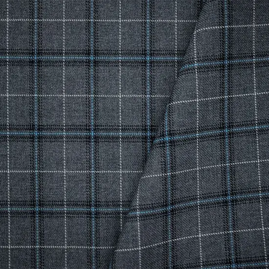 Gray-Blue-Multi Poly-Wool Plaid Woven Twill Suiting Fabric By the Yard {2}