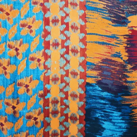 Orange-Blue-Multi Poly Abstract Printed Charmeuse Satin Woven Fabric By the Yard {3}