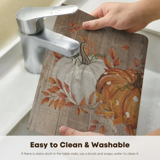 Set of 4 Wood Pumpkin Leaves Fall Vinyl Placemats - 12" x 18" (Orange) {4}