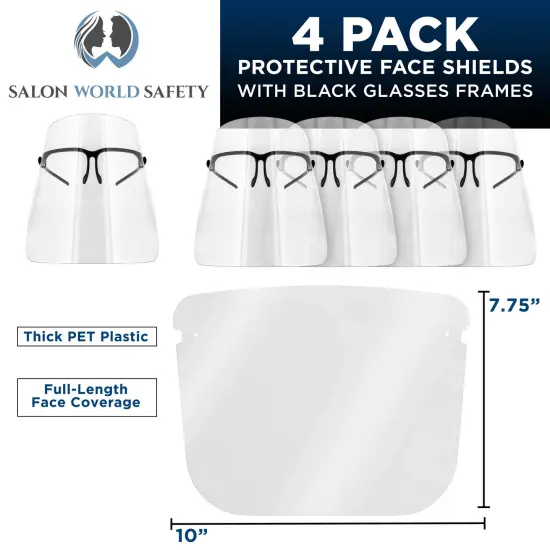 Safety Face Shields with Black Glasses Frames (Pack of 4) - Ultra Clear Protective Full Face Shields to Protect Eyes Nose Mouth - Anti-Fog PET Plastic {2}