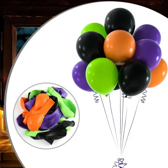60Pcs Halloween Party Balloons Kit with Ribbons - 12" (Black, Orange, Green, Purple) {4}