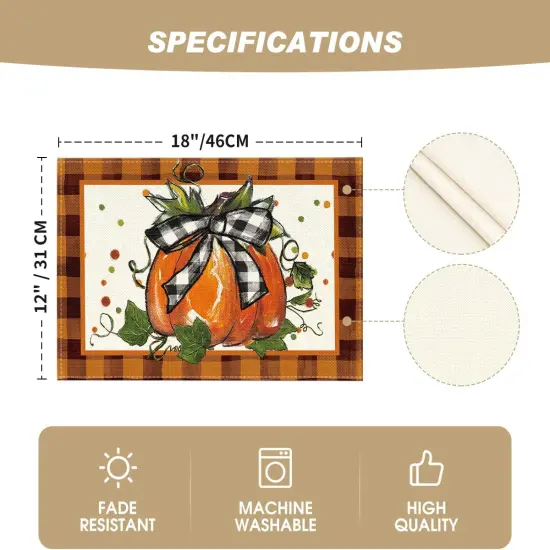 Set of 4 Orange Pumpkin Plaid Fall Placemats - 12x18 Inch (Orange) {5}