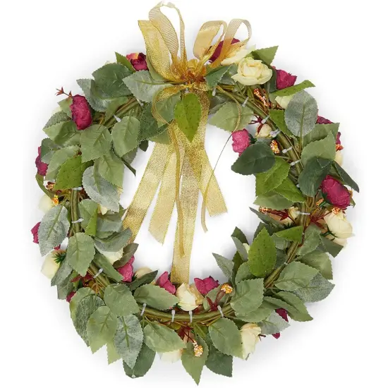 Rose Wreath with Ribbon for Front Door, Valentine Decor (13.3 in, Pink, Yellow) {4}