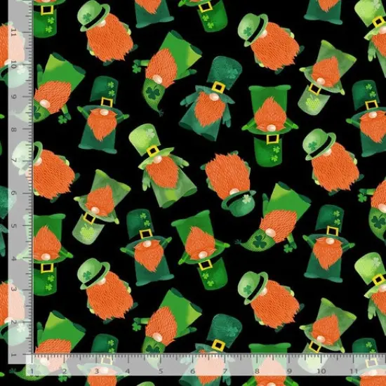 Timeless Treasures Tossed St. Patrick's Gnomes Black Cotton Fabric by the Yard {1}