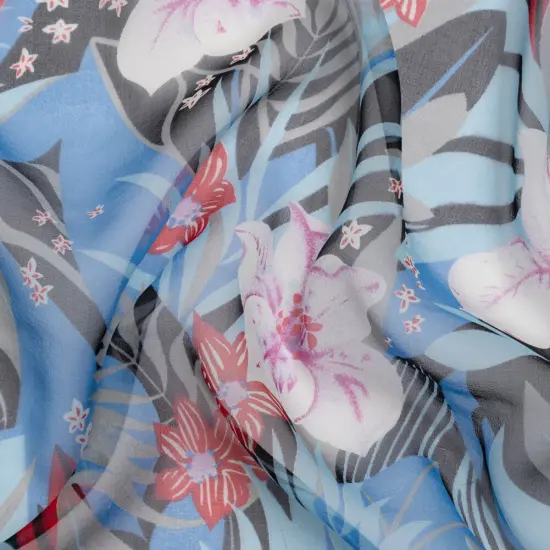1 Yard Blue, Black and Red Tropical Flora Silk Chiffon Lightweight Designer Fashion Fabric 54 inch Width {2}