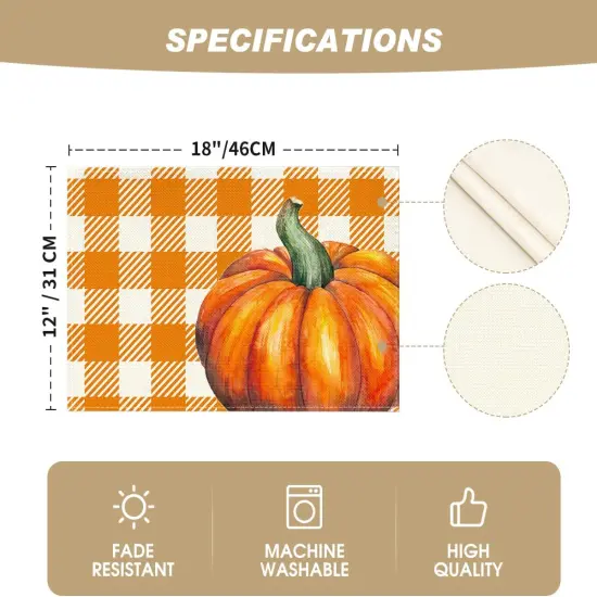 Set of 4 Hello Fall Pumpkin Maple Leaves Placemats - 12 x 18 Inch (Orange) {5}