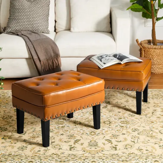 22"W Mid-century PU Leather Tufted Ottoman Foot Stool {9}