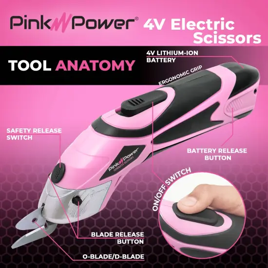 Pink Power Cordless Electric Scissors Fabric Cutter for Crafts, Box, Sewing, Carpet, & Scrapbooking - Heavy Duty Professional Rotary Shears Cutting Tool - Automatic Cardboard Cutter Fabric Scissor {2}