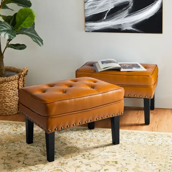 22"W Mid-century PU Leather Tufted Ottoman Foot Stool {10}