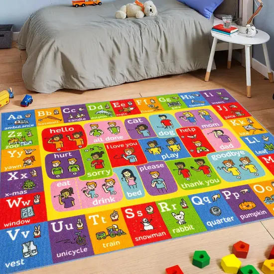 KC Cubs: Educational Rug: ABC Alphabet ASL Sign Language - 5x7' Playmat - Interactive Play, Activity Area Carpet, Bedroom-Classroom, Baby-Toddler-Kids {5}