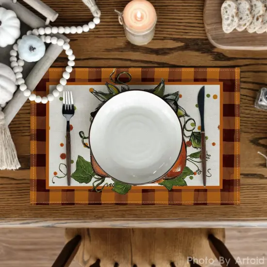 Set of 4 Orange Pumpkin Plaid Fall Placemats - 12x18 Inch (Orange) {2}