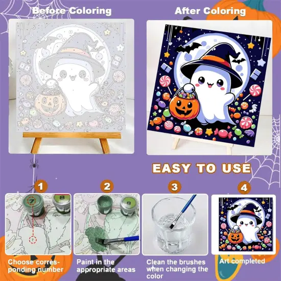 Halloween Ghost Paint by Numbers Kit with Frame and Wooden Easel - 8x8 Inch {4}