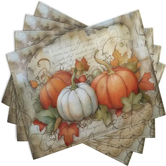 Set of 4 Fall Pumpkin Maple Leaf Placemats - 12x18 Inch {2}