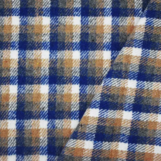 Blue-Beige-White Poly-Wool Single Sided Brush Plaid Jacketing Fabric By the Yard {1}