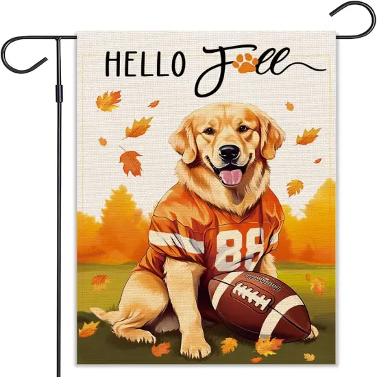 Fall Burlap Garden Flag 12&times;18 Inch(Football Golden Retriever) {1}
