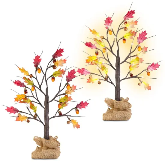2Pcs 2FT Artificial Lighted Maple Tree With 24Pcs Warm White LED Beads 6Hrs Timer Battery Powered Artificial Fall Tree Tabletop Indoor Outdoor Fall Decoration Autumn Wedding Party Harvest {1}