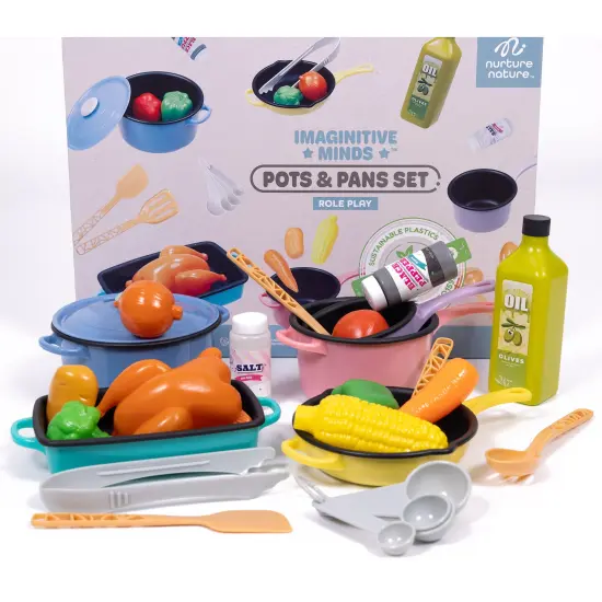 NurtureNature: Imaginative Minds - Cooking Set - 27pc Toy Food, Pots & Pans W/ Accessories, Kitchen Utensils, Pretend Play Food, Eco-Friendly, Kids 3+ {3}