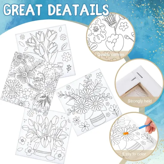 6 Pcs Pre Drawn Canvas Paint Kit - 6 Inch (Floral Style) {3}