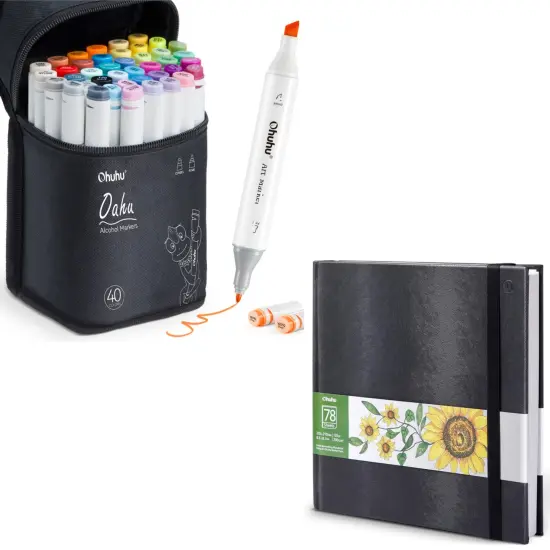 Ohuhu Oahu 40 Colors Alcohol Markers + 8.3"x8.3" Sketchbook Marker Paper Pad {1}