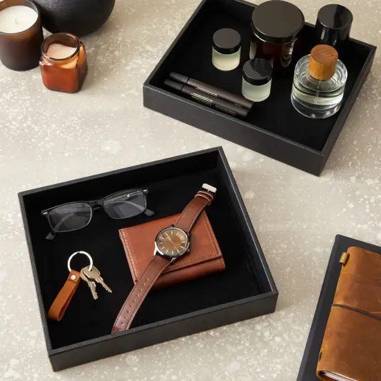 2 Pack Faux Leather Valet Tray for Men, Velvet Catchall Organizer for Entryway, Nightstand, Keys, Wallet (Black, 10.2"L x 8.3"W x 1.8"H) {2}