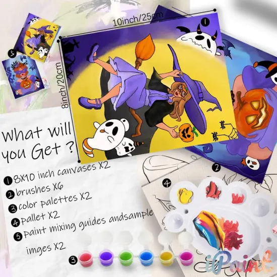 2 Pcs Paint and Sip Kit - 8&times;10 Pre Drawn Canvas (Halloween Girls) {2}