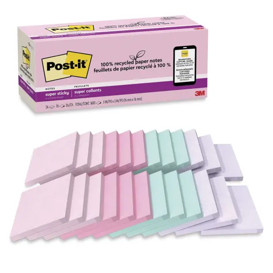 Post-it Recycled Super Sticky Notes - Wanderlust Pastels Collection, 3" x 3", Pkg of 24 {1}