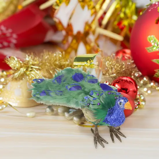 Northlight Standing Peacock Tail Feathers Christmas Decoration - 13" - Green and Blue {4}