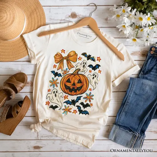 Pumpkin Ghosts Coquette Bow T-Shirt, Retro Fall Spooky Tee for Cute Trick-or-Treaters {1}
