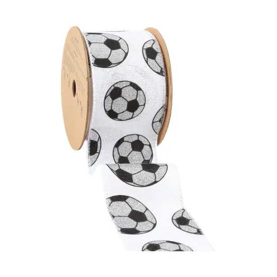 LaRibbons 2 1/2" Wired Cotton Ribbon | Glitter Soccer Balls on White | 10 Yard Roll {1}