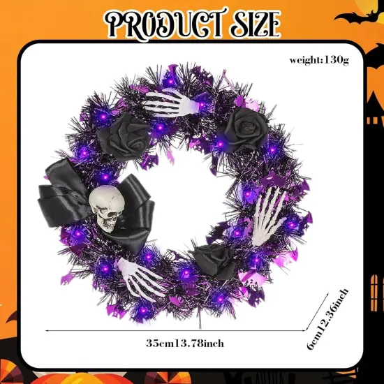 Halloween Black Rose Wreath with Lights - 13 Inch {2}