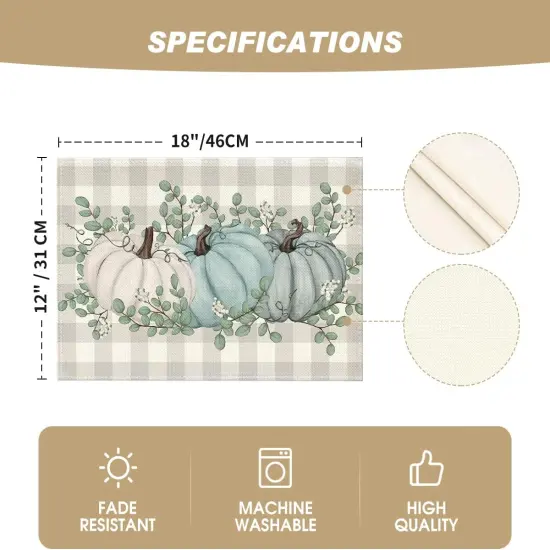 Set of 4 Pumpkins Eucalyptus Leaves Fall Placemats - 12x18 Inch (Blue) {5}