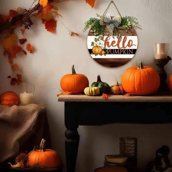 Harvest Hanging Sign With Bow and Wreath Thanksgiving Welcome Wood Sign(hello pumpkin door wreath) {3}