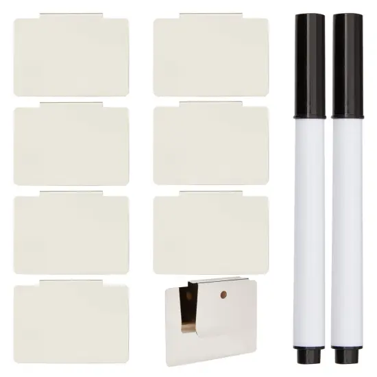 8 Pack Clip On Metal Basket Labels for Storage Bins with 2 Black Markers (3.5 x 2.5 In) White {1}