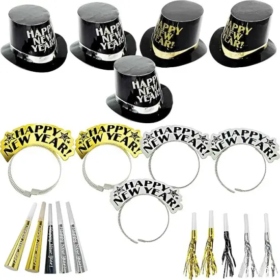4E's Novelty New Year&rsquo;s Eve Party Supplies 2025 Kit for 10 &ndash; 5 Black Top Hats, 5 Glitter Tiaras, 5 Party Horns & 5 Fringe Noise Makers &ndash; Gold & Silver NYE Accessories for Countdown Party & Photo Props {5}