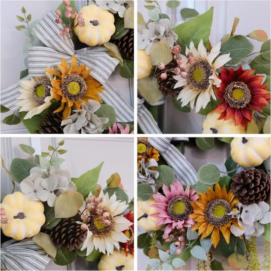 Fall Pumpkin Sunflower Pinecone Wreath - 24 Inch {2}