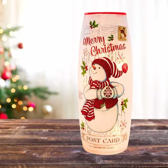 Stony Creek 11.75 In Vintage Postcard Large Vase Christmas Lighted Glass Accent , Christmas Decor Electric Pre-Lit Christmas SNOWMAN {4}