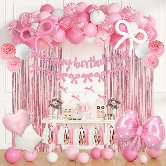 Pink Bow Birthday Party Decorations, Coquette Bow Light Pink and White Confetti Long Balloons Happy Birthday Banner Fringe Curtain Tassel Pompoms for Women Girls Theme Baby Shower Party Decorations {1}