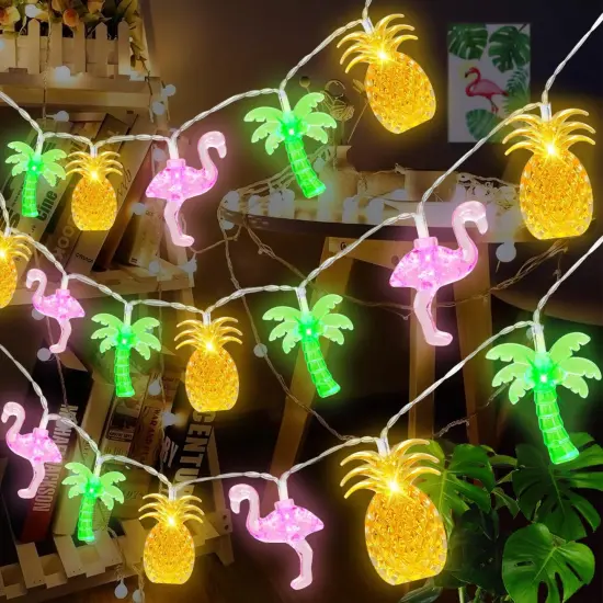 Couah 30 LED 16Ft Summer Beach Hawaiian String Lights - 8 Modes & Timer - Flamingo Pineapple Palm Tree Fairy Lights - Battery Operated for Tropical Party Pool Decorations {1}