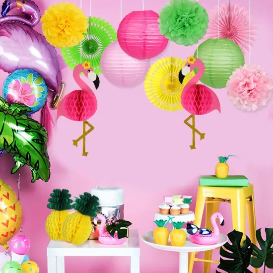 YUNXUAN Flamingo Party Supplies, Hawaiian Party Decorations Flamingo and Pineapple Honeycomb Ball Paper Lanterns Paper Fans Pom poms Flowers for Birthday Luau Tropical Bachelorette Party {5}