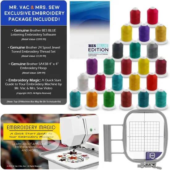 Brother NQ1700E Embroidery Machine, 6" x 10" Field Size, Cuts Jump Stitches, Wireless, Includes BES Lettering Software + Brother SA438 4" x 4" Hoop + 24 Spools of Jewel Thread + Embroidery Magic Video {2}