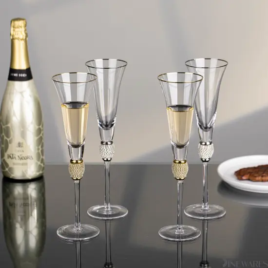 Elegant Crystal Set Wedding Champagne Glasses with Diamond Rhinestone Accents and a Polished Rim - 11 in Tall with Slender Long Stems, 7 oz - Chic Toasting Set for the Bride and Groom {11}