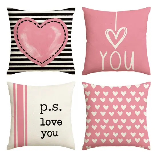 AVOIN colorlife Valentine's Day I Love You Throw Pillow Covers, 18 x 18 Inch Pink Valentine Heart Stripes p.s. Love You Wedding Cushion Case Decoration for Sofa Couch Set of 4 {1}