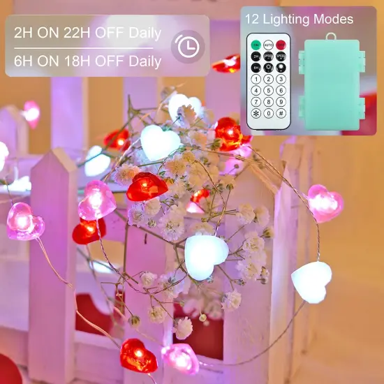 Libreath Valentines Day Decor 10 ft 40 LEDs Red White Pink Heart String Lights Battery Operated Garland Valentines Day Lights with Timer Valentines Day Decorations for The Home Indoor Mother's Day {4}