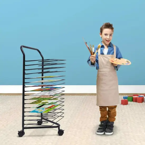 Mobile Paint Drying Rack Metal Desktop Artwork Storage 16 Shelves Rolling Cart {4}